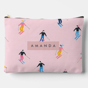 Personalized Playful Pastel Skiers Retro Accessory Pouch