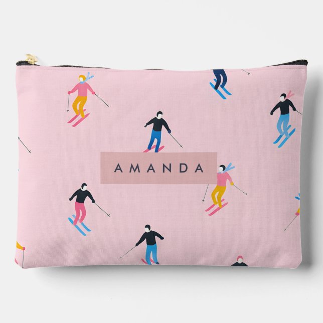 Personalized Playful Pastel Skiers Retro Accessory Pouch (Front)