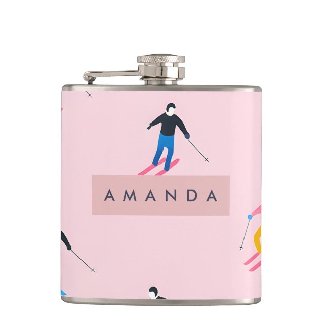 Personalized Playful Pastel Skiers Retro Hip Flask (Front)