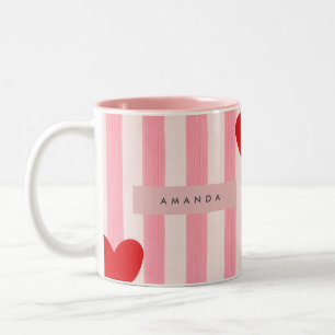Personalized Playful Red Heart & Pink Stripe  Two-Tone Coffee Mug