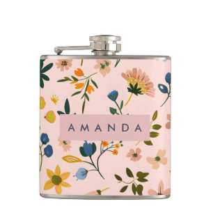 Personalized Playful Wildflower in Peach Hip Flask