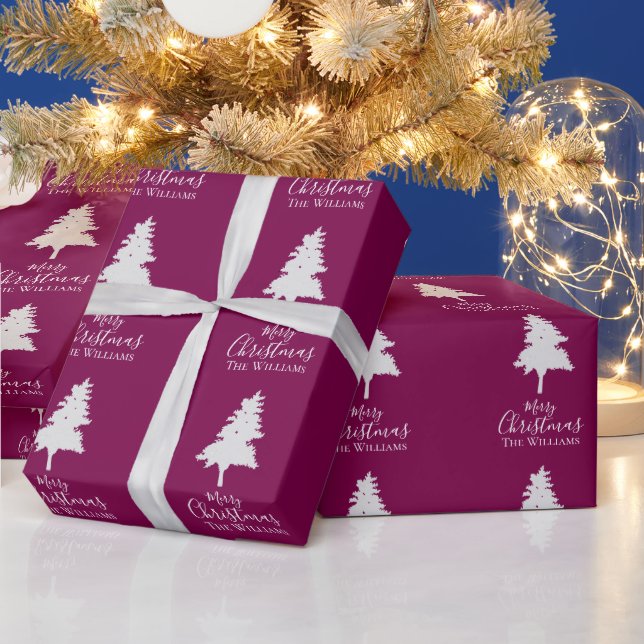 Personalized Plum White Christmas Tree Family Name Wrapping Paper (Holidays)