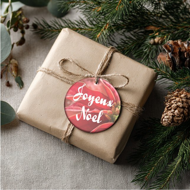 Personalized Poinsettia Joyeux Noel Ceramic Ornament (Artistic Dual-Use! This personalized harlequin ornament doubles as a luxury gift tag.)