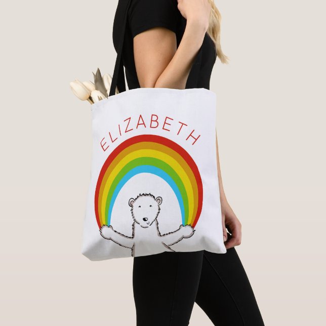 Personalized Polar Bear and Rainbow Tote Bag (Close Up)