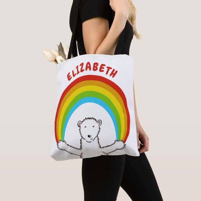 Personalized Polar Bear and Rainbow Tote Bag (Close Up)