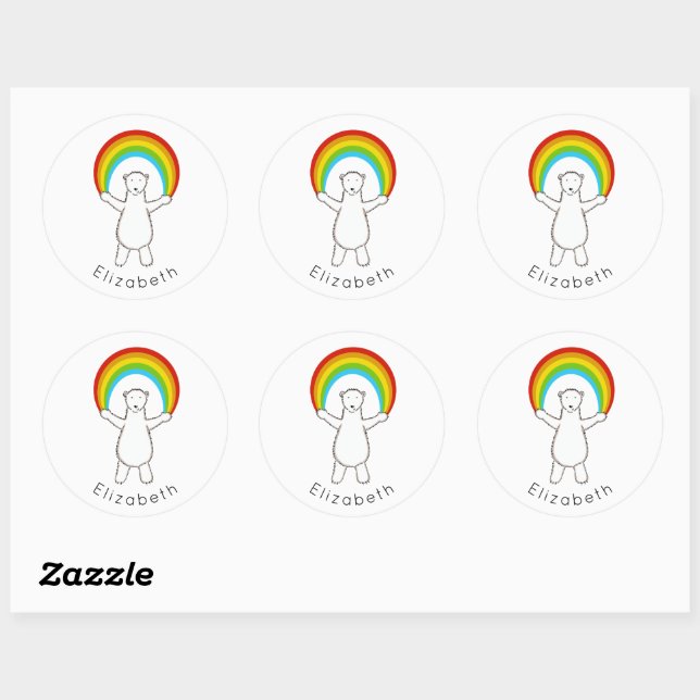 Personalized Polar Bear & Rainbow Classic Round Sticker (Sheet)