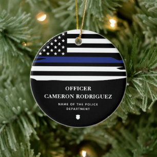 Personalized Police Officer Thin Blue Line Flag Ceramic Ornament