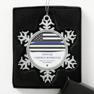 Personalized Police Officer Thin Blue Line Flag Snowflake Pewter Christmas Ornament