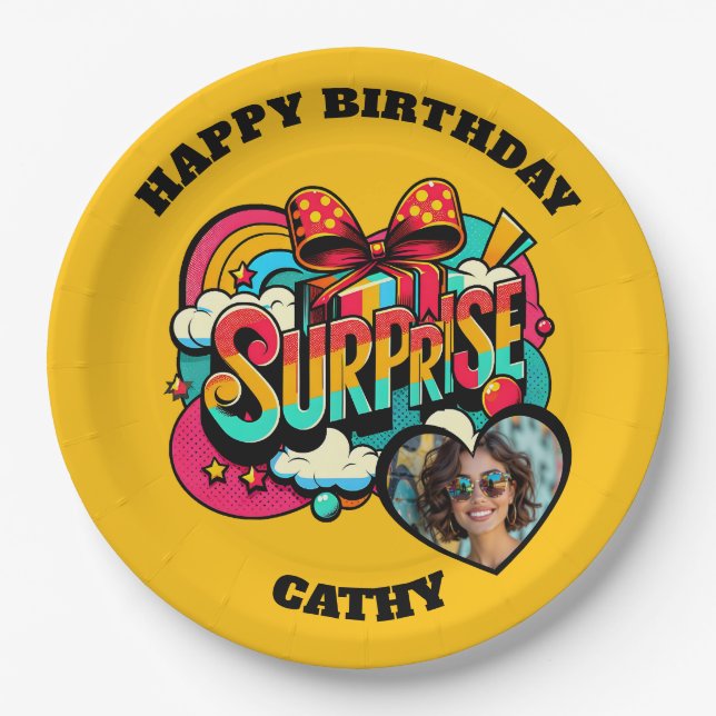 Personalized Pop Art Retro Birthday Photo Paper Plate (Front)