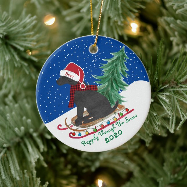 Personalized Preppy Black Lab Xmas Sled Ceramic Ornament (Tree)