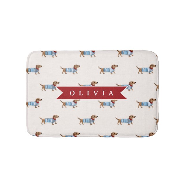 Personalized Preppy Cute Dachshund Dog Pattern Bath Mat (Front)