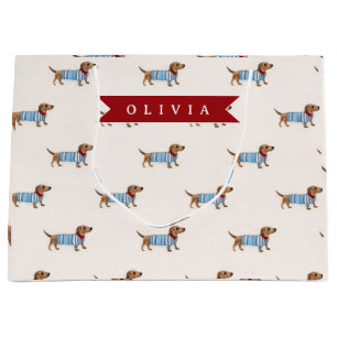 Personalized Preppy Cute Dachshund Dog Pattern Large Gift Bag
