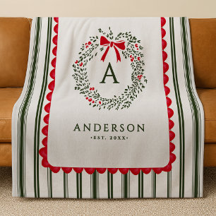 Personalized Preppy Holiday Wreath Monogram & Name Fleece Blanket