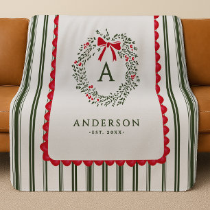 Personalized Preppy Holiday Wreath Monogram & Name Sherpa Blanket