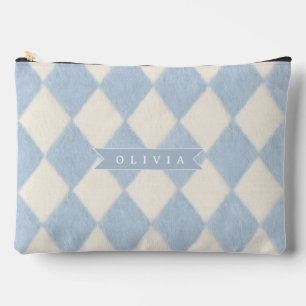 Personalized Preppy Soft Blue Fuzzy Argyle Name Accessory Pouch