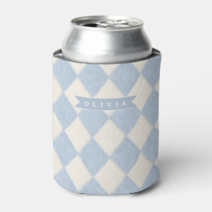 Personalized Preppy Soft Blue Fuzzy Argyle Name Can Cooler