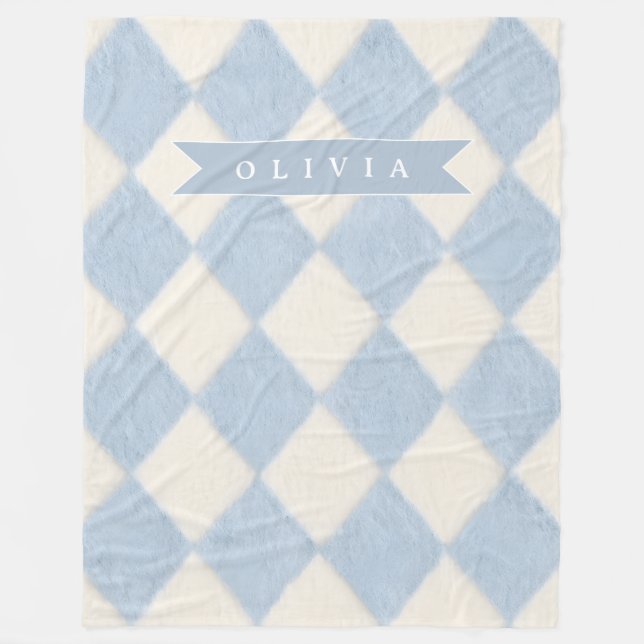 Personalized Preppy Soft Blue Fuzzy Argyle Name Fleece Blanket (Front)