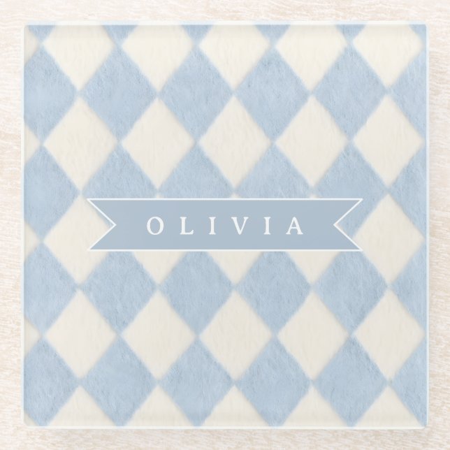 Personalized Preppy Soft Blue Fuzzy Argyle Name Glass Coaster (Front)