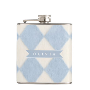 Personalized Preppy Soft Blue Fuzzy Argyle Name Hip Flask
