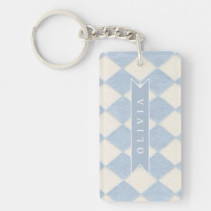 Personalized Preppy Soft Blue Fuzzy Argyle Name Key Ring