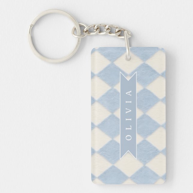 Personalized Preppy Soft Blue Fuzzy Argyle Name Key Ring (Front)