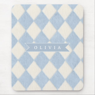 Personalized Preppy Soft Blue Fuzzy Argyle Name Mouse Pad