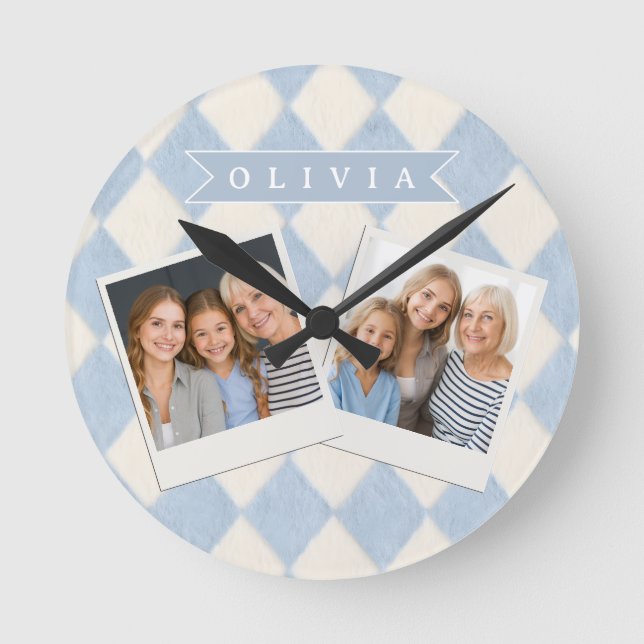 Personalized Preppy Soft Blue Fuzzy Argyle Name Round Clock (Front)
