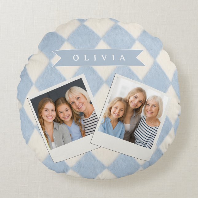Personalized Preppy Soft Blue Fuzzy Argyle Name Round Cushion (Front)