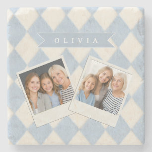 Personalized Preppy Soft Blue Fuzzy Argyle Name Stone Coaster