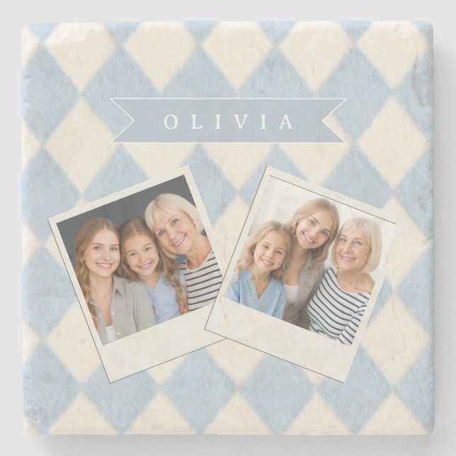 Personalized Preppy Soft Blue Fuzzy Argyle Name Stone Coaster (Front)