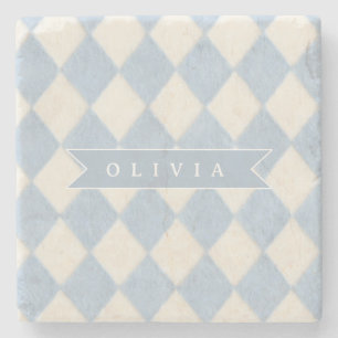 Personalized Preppy Soft Blue Fuzzy Argyle Name Stone Coaster