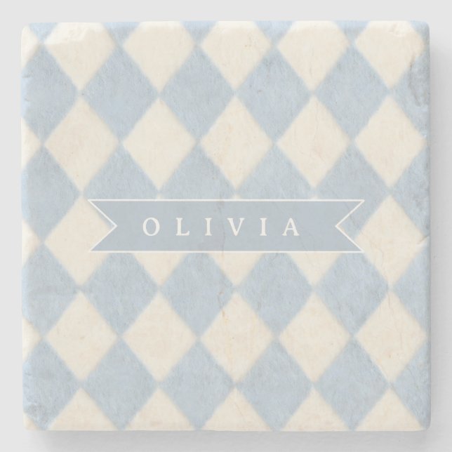 Personalized Preppy Soft Blue Fuzzy Argyle Name Stone Coaster (Front)