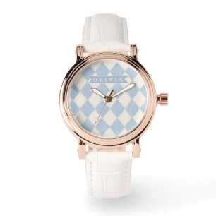 Personalized Preppy Soft Blue Fuzzy Argyle Name Watch