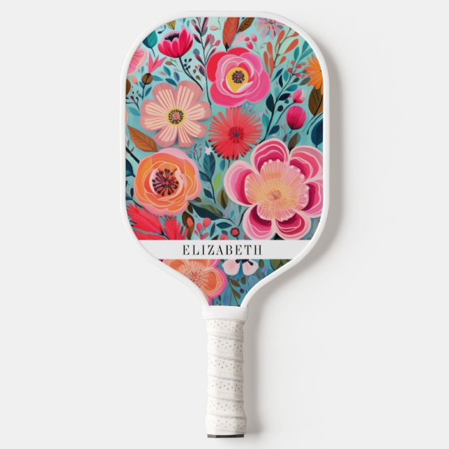 Personalized Pretty Bright Colorful Floral Pickleball Paddle (Front)