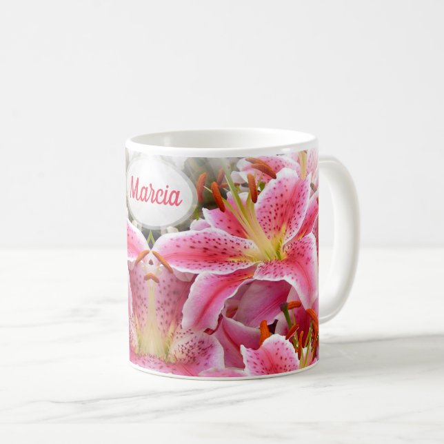 Personalized Pretty Pink Stargazer Lilies Coffee Mug (Front Right)