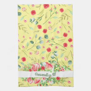 PERSONALIZED Pretty Yellow And Pink Floral Tea Towel