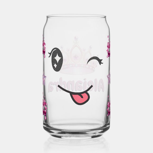 Personalized Princess Crown & Cute Wink Face Glass (Front)