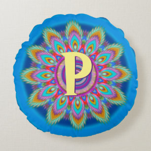 Personalized psychedelic round throw cushion blu2