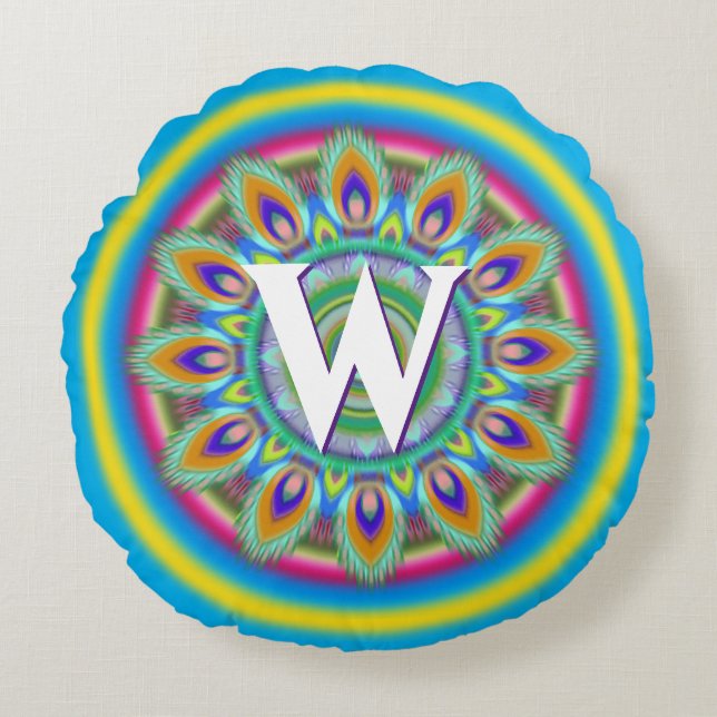Personalized psychedelic round throw cushion blue (Front)