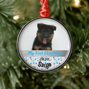 Personalized Puppy's First Christmas Photo Silver Metal Ornament