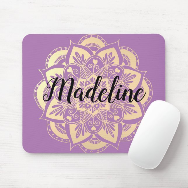 Personalized Purple and Gold Mandala Flower Mouse Pad (With Mouse)