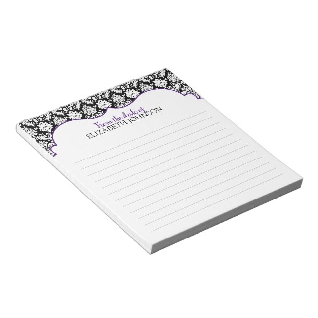 Personalized Purple, Black, White Floral Damask Notepad (Angled)