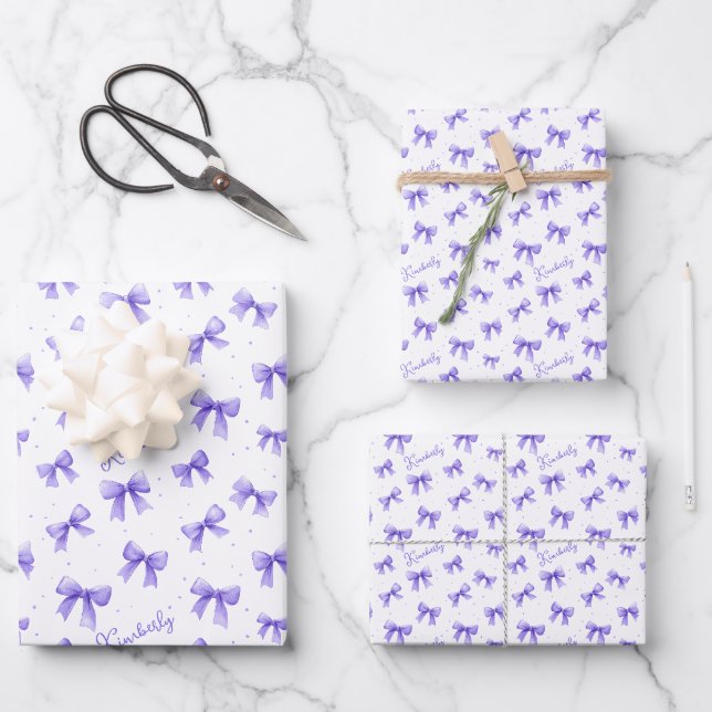 Personalized Purple Bow Name Wrapping Paper Sheet (Front)