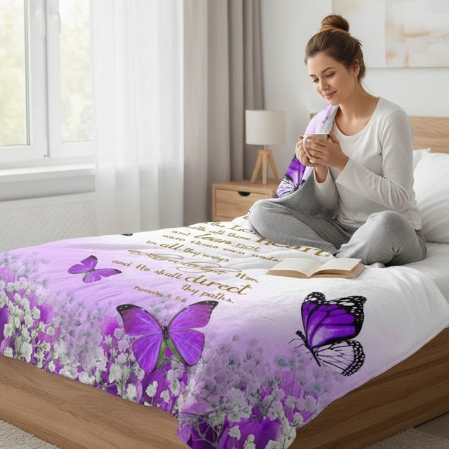 Personalized Purple Butterfly Proverbs 3:5-6 Relig Fleece Blanket (Creator Uploaded)