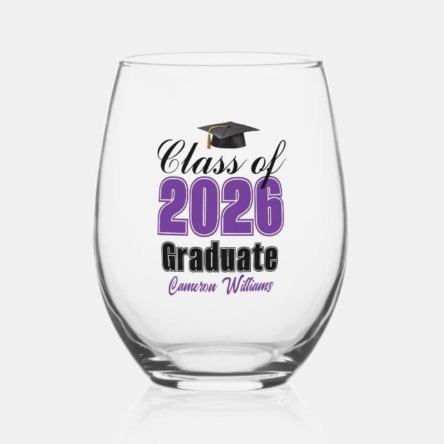 Personalized Purple Class of 2026 Graduation Stemless Wine Glass (Front)
