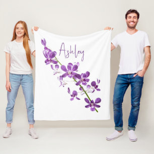 Personalized purple dendrobium orchid art fleece blanket