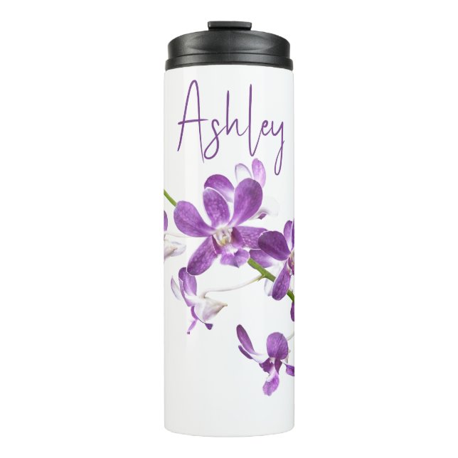 Personalized purple dendrobium orchid art thermal tumbler (Front)