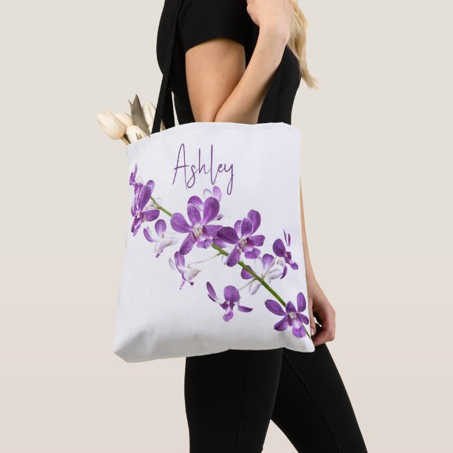 Personalized purple dendrobium orchid art tote bag (Close Up)