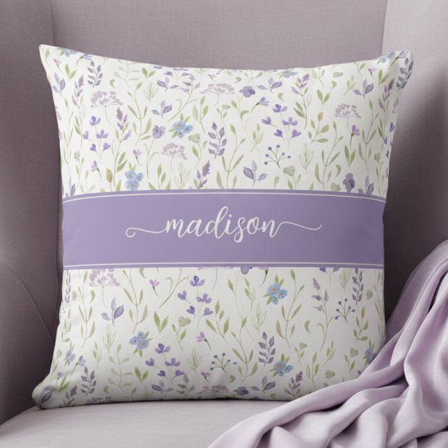 Personalized Purple Floral Monogram Cushion (pretty purple blue wildflower floral pattern throw pillow with custom name monogram in calligraphy)