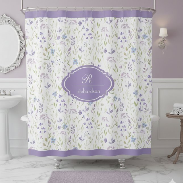 Personalized Purple Floral Monogram Shower Curtain (elegant classic personalized purple wildflower lavender garden shower curtain with custom monogram)